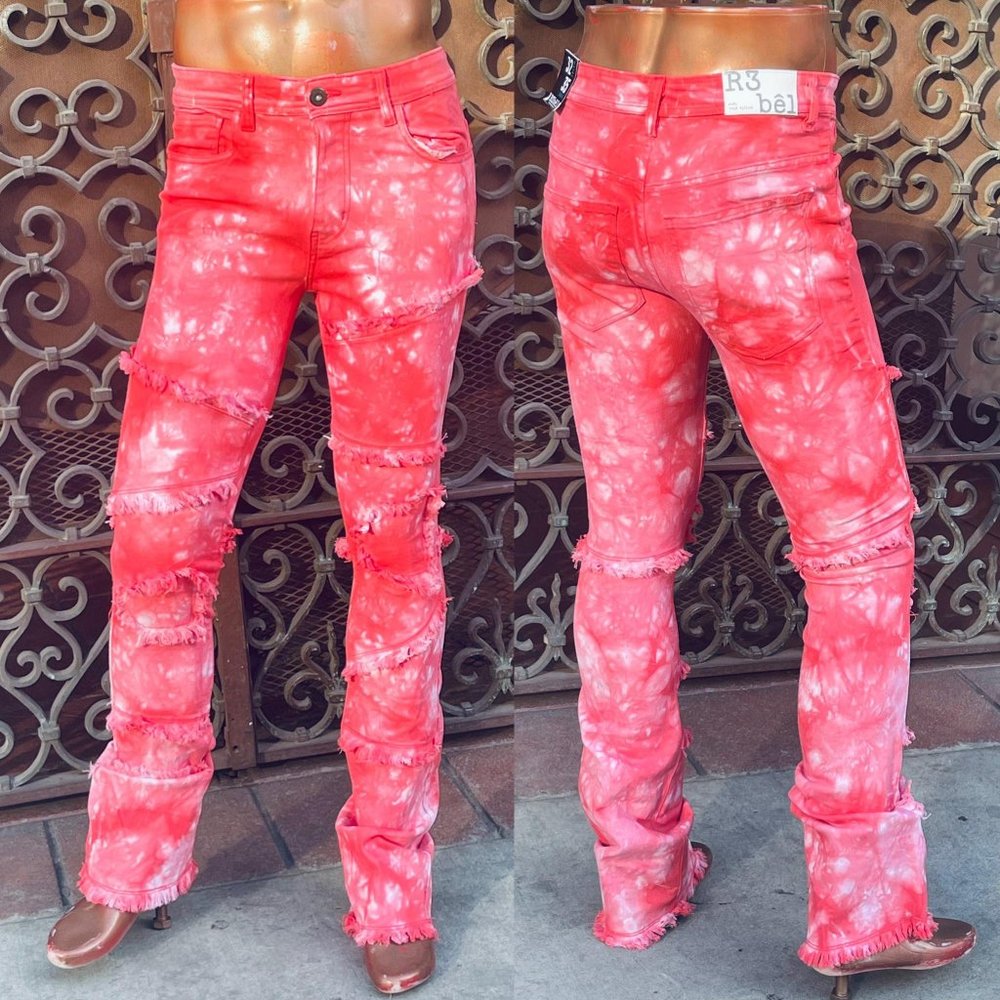 Men's Fashion Red | White Stacked Fit Denim Pants